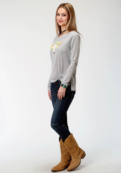 Womens Grey With Screen Print Knit Top