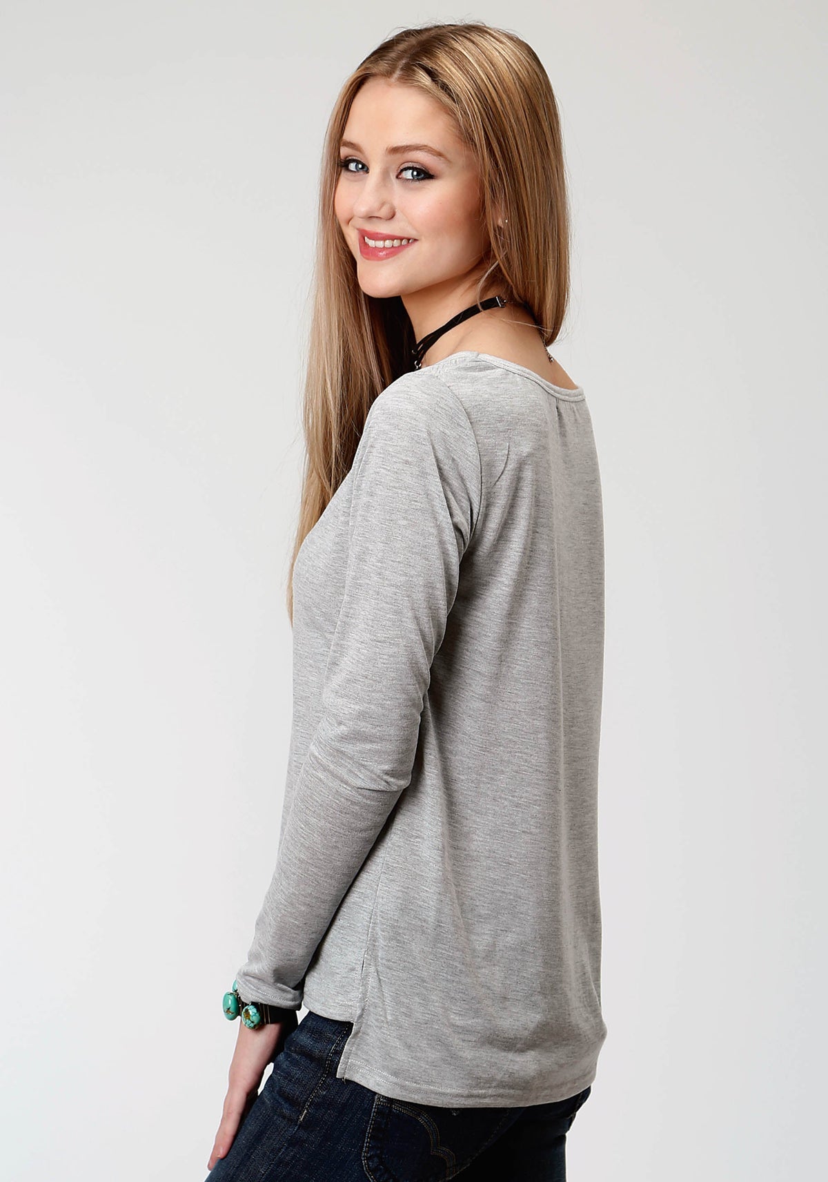 Womens Grey With Screen Print Knit Top