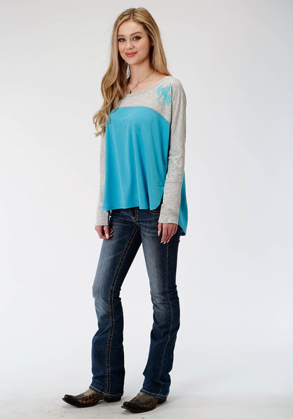 Womens Grey And Blue Long Sleeve Knit Top