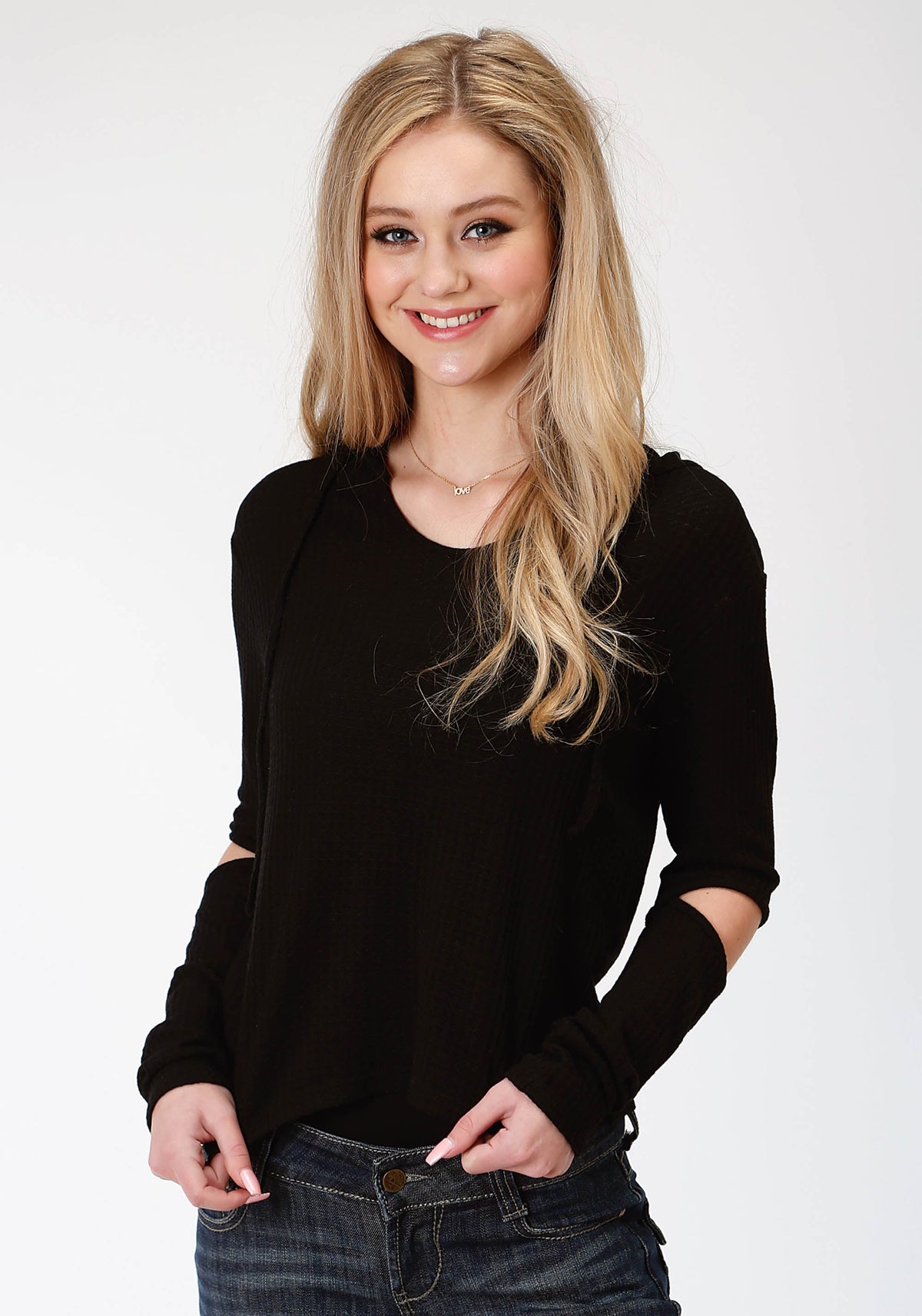 Womens Black Solid Long Sleeve Knit Top