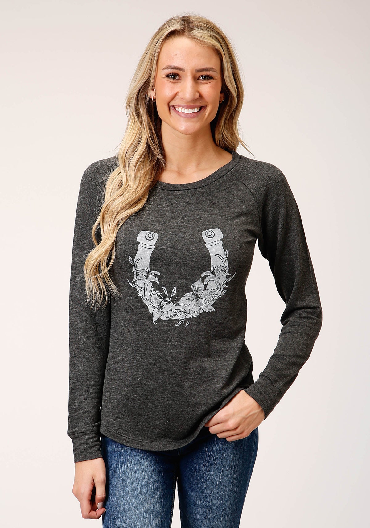 Womens Long Sleeve Knit Charcoal Heahtered Knit Top