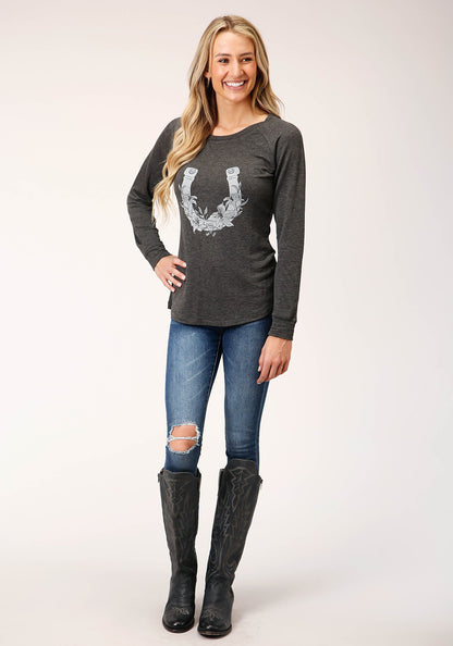 Womens Long Sleeve Knit Charcoal Heahtered Knit Top