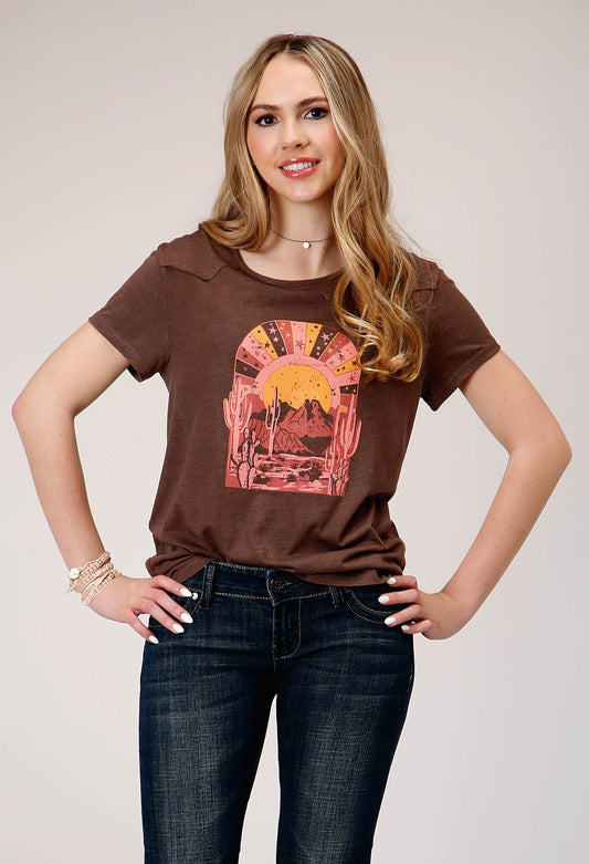 Womens Short Sleeve Knit Dark Brown Poly Rayon Short Sleeve  Tee Top