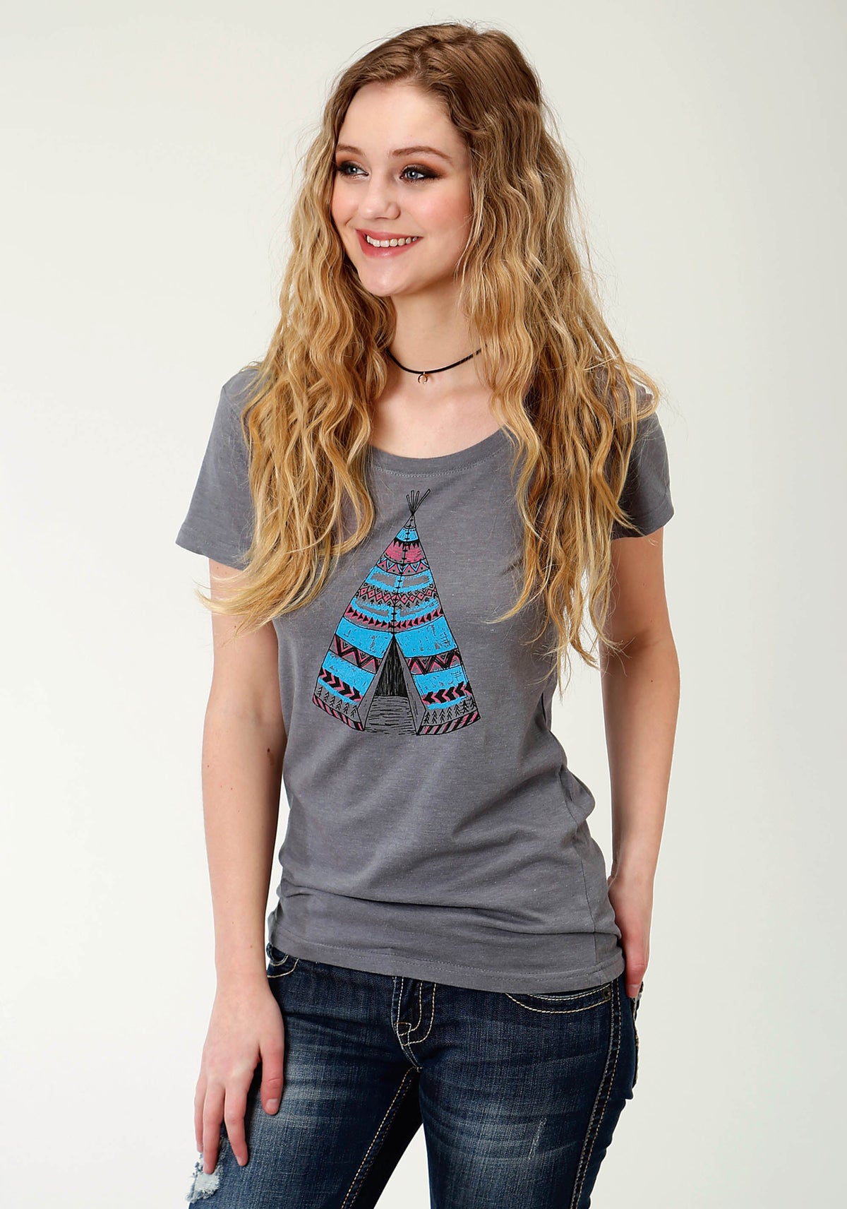 Womens Grey Solid With Teepee Print Short Sleeve Knit Top