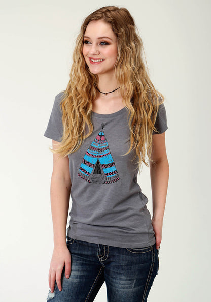 Womens Grey Solid With Teepee Print Short Sleeve Knit Top