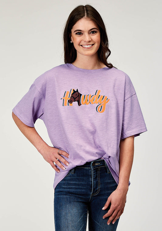 Womens Short Sleeve Lilac Cotton Jersey Slub Tee With Oversized Screen Prin
