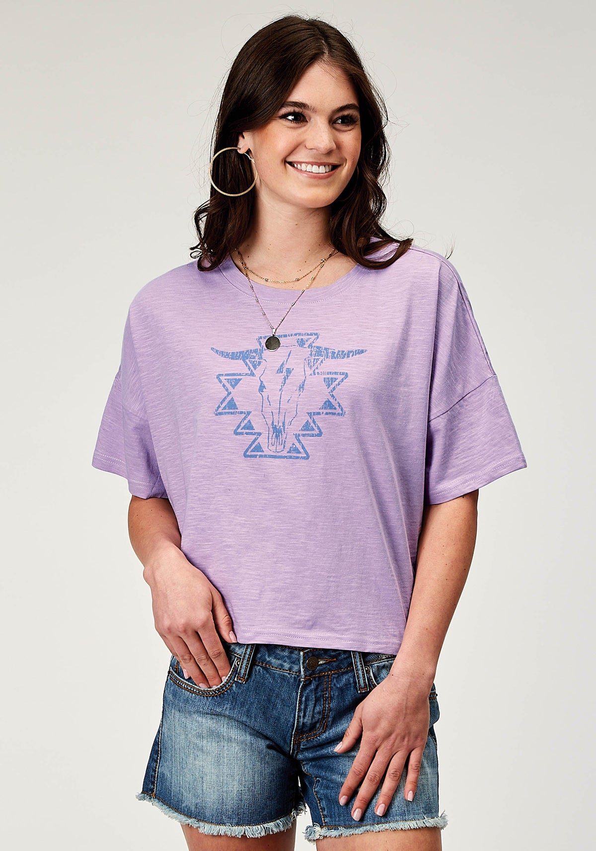 Womens Short Sleeve Lilac Cotton Jersey Slub Tee With Oversized Cropped Scr