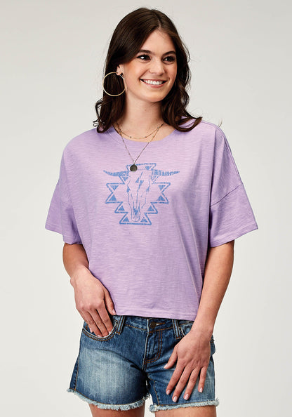 Womens Short Sleeve Lilac Cotton Jersey Slub Tee With Oversized Cropped Scr