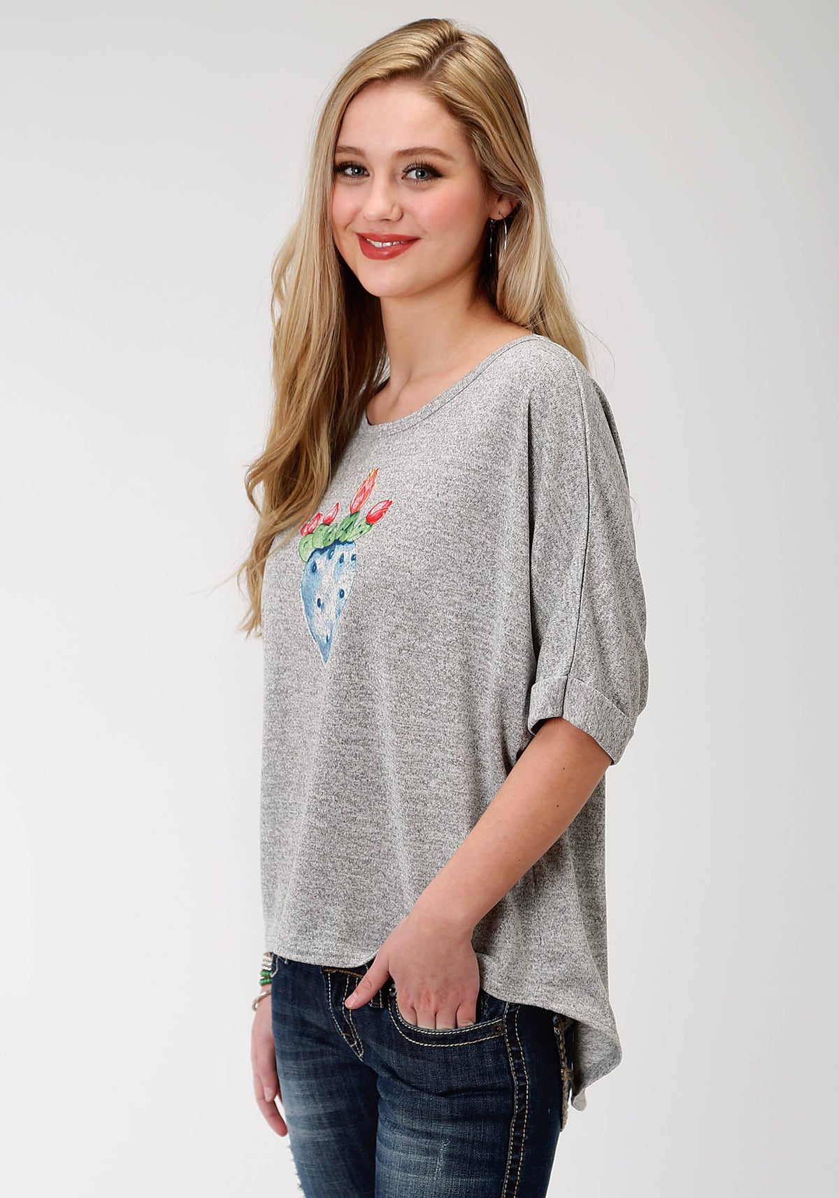 Womens Grey Solid With Screen Print Sweater Short Sleeve Knit Top