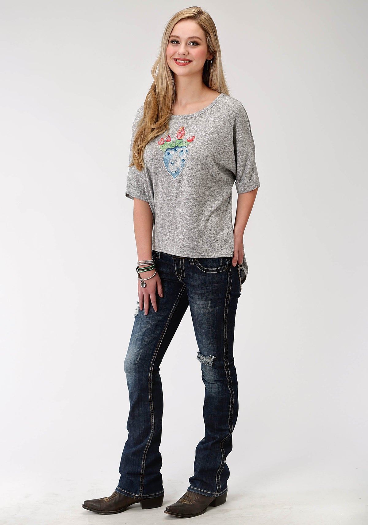 Womens Grey Solid With Screen Print Sweater Short Sleeve Knit Top