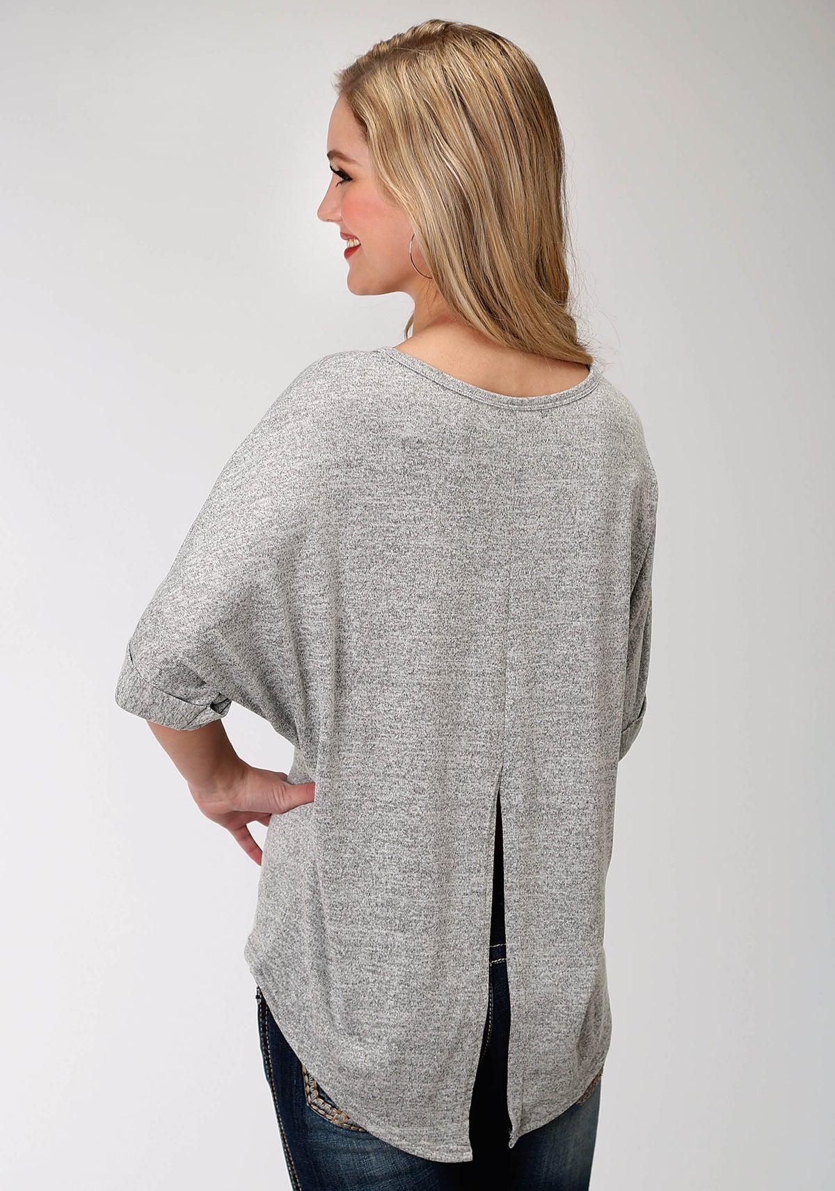Womens Grey Solid With Screen Print Sweater Short Sleeve Knit Top
