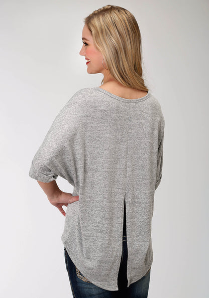 Womens Grey Solid With Screen Print Sweater Short Sleeve Knit Top