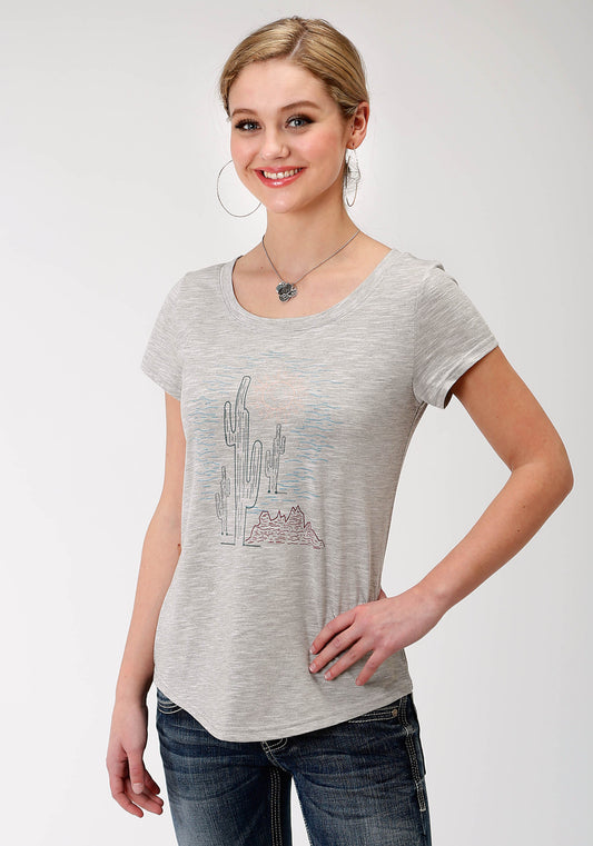 Womens Grey Solid With Cactus Screen Print Short Sleeve Knit Top