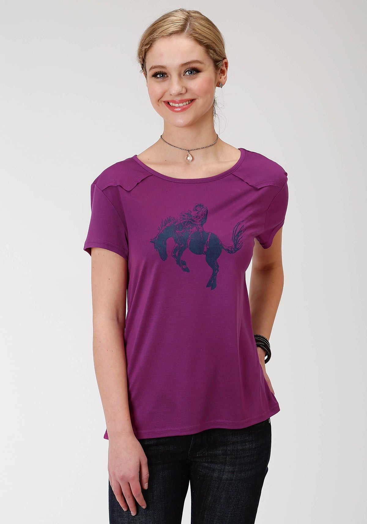 Womens Purple With Bronc Rider Screen Print Short Sleeve Knit Top