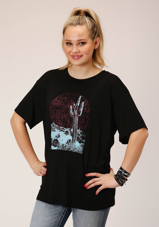 Womens Short Sleeve Knit Solid Black Poly Rayon Short Sleeve  Tee Top