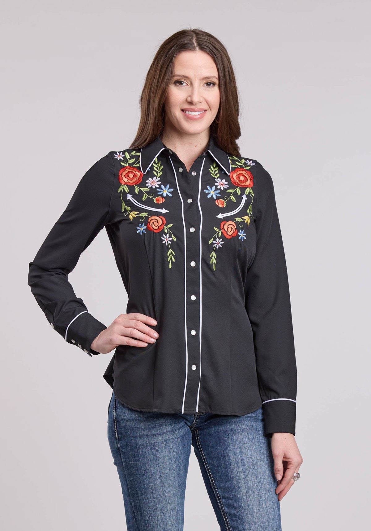 Womens Long Sleeve Snap Poly Spandex Retro Shirt Western Shirt