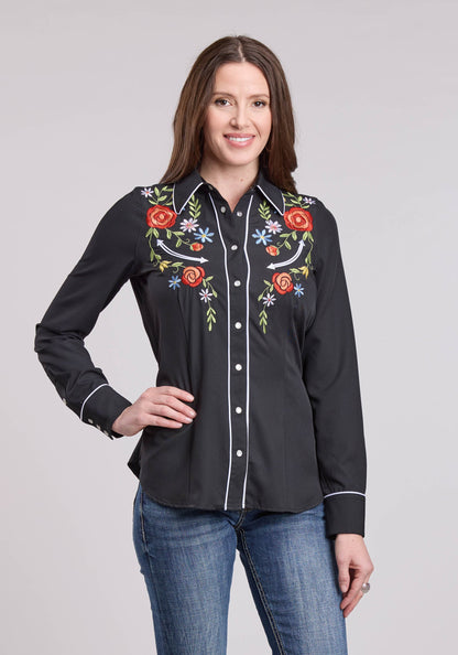 Womens Long Sleeve Snap Poly Spandex Retro Shirt Western Shirt