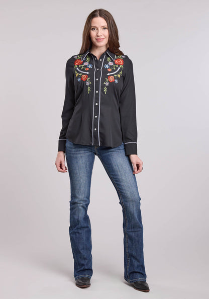 Womens Long Sleeve Snap Poly Spandex Retro Shirt Western Shirt