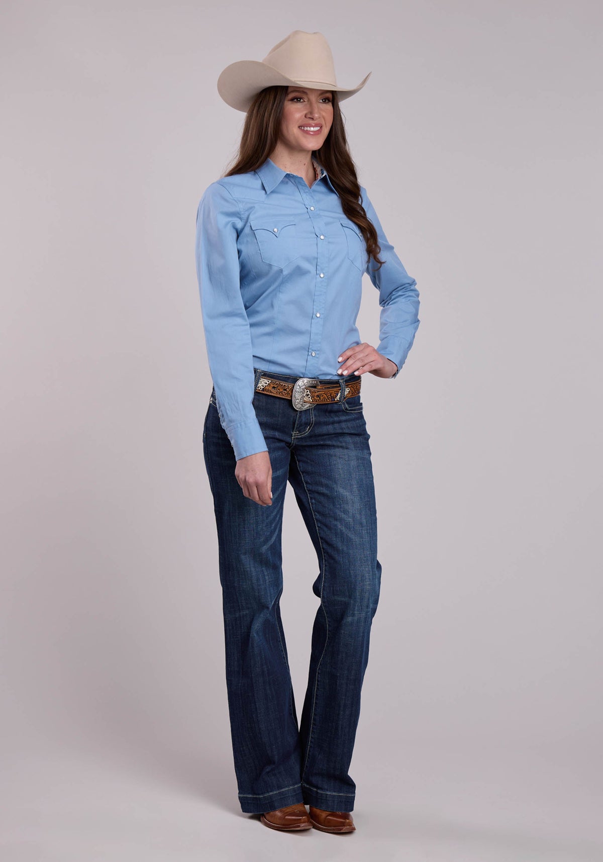 Womens Roper Solid Poplin Chambray Blue Long Sleeve Snap Shirt