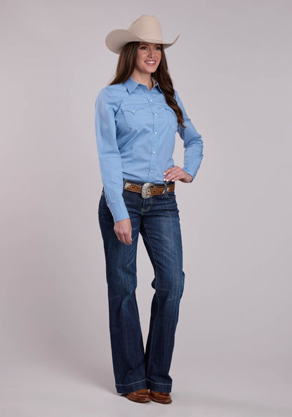 Womens Roper Solid Poplin Chambray Blue Long Sleeve Snap Shirt