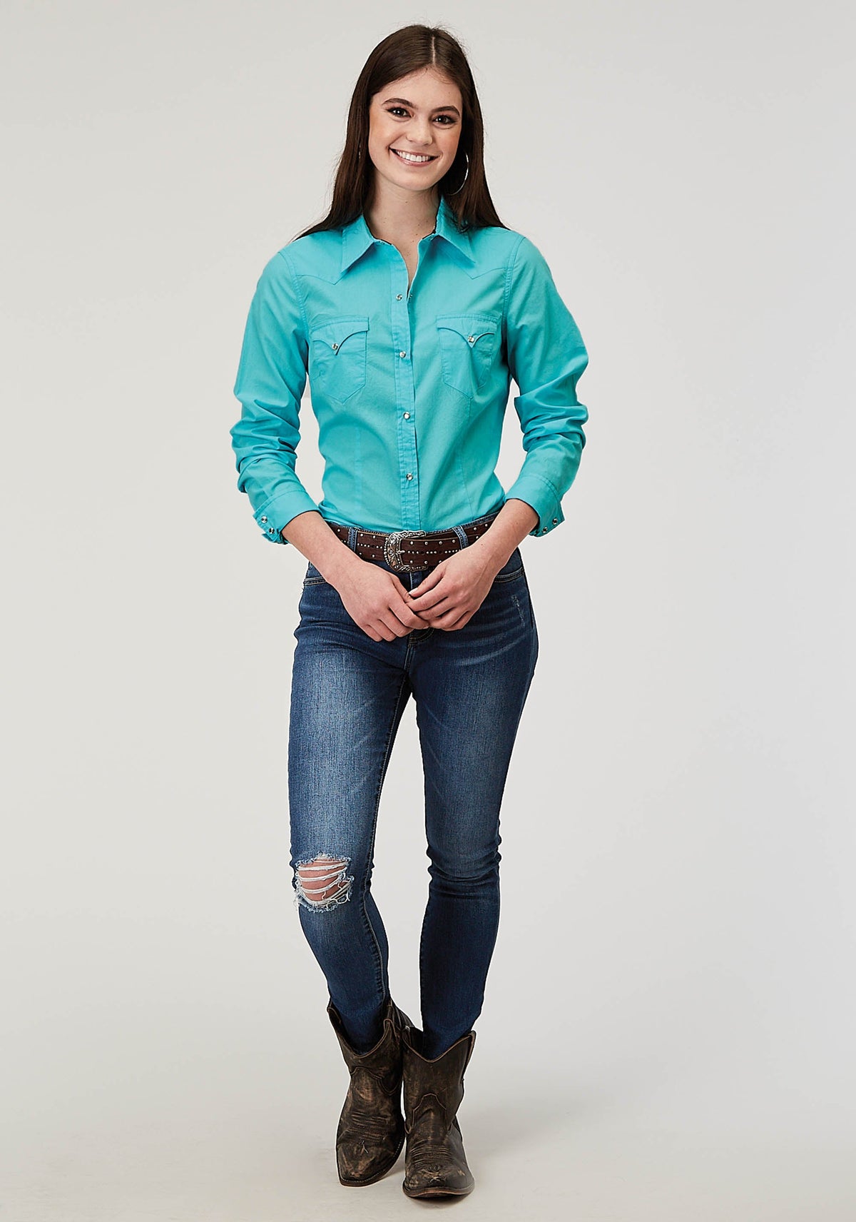 Womens Long Sleeve Snap Solid Poplin Turquoise Western Shirt