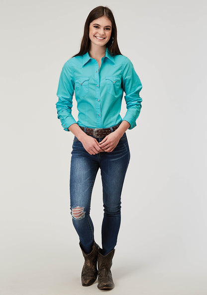 Womens Long Sleeve Snap Solid Poplin Turquoise Western Shirt