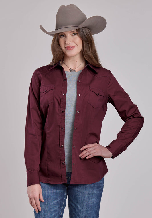 Womens Roper Solid Poplin Wine Long Sleeve Snap Shirt