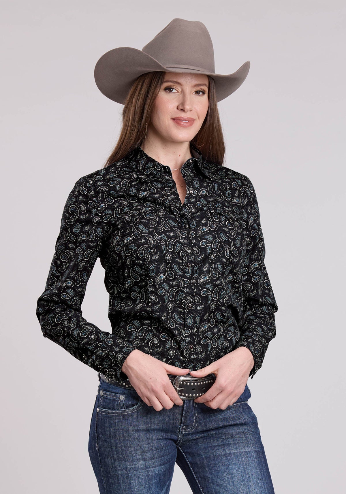 Womens Long Sleeve Snap Paisley Stamps Western Shirt