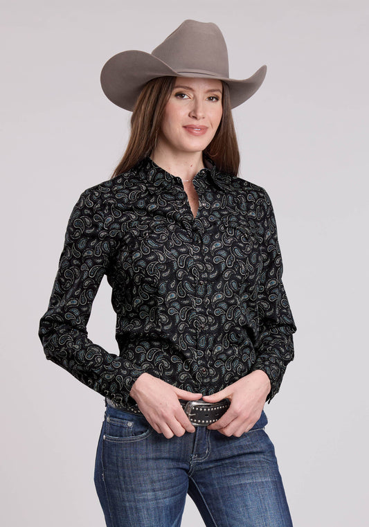 Womens Long Sleeve Snap Paisley Stamps Western Shirt
