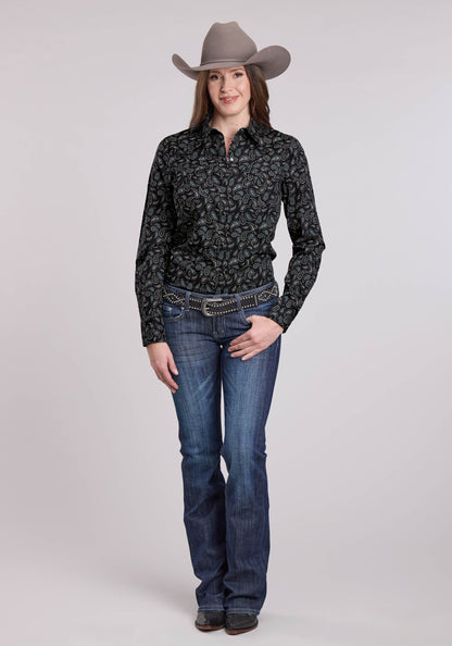 Womens Long Sleeve Snap Paisley Stamps Western Shirt