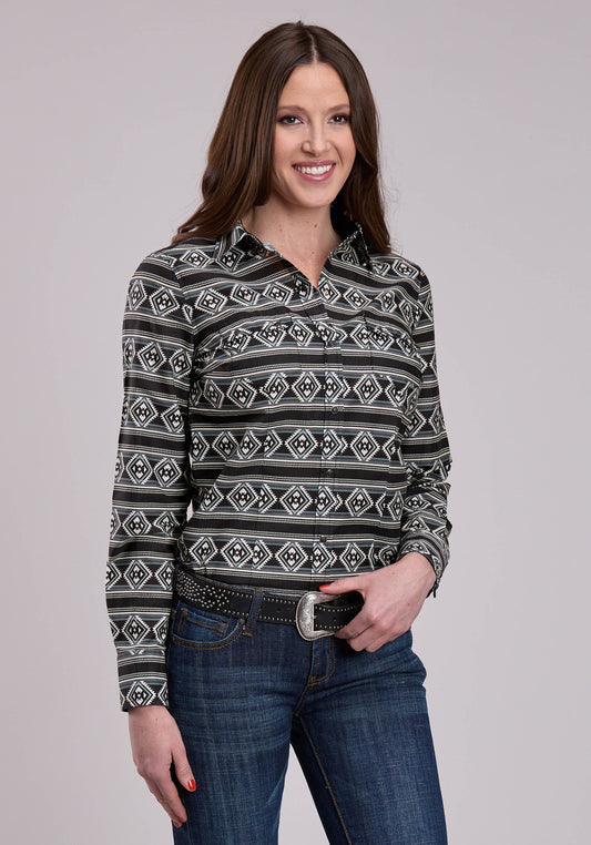 Womens Long Sleeve Snap Aztec Stripe Western Shirt