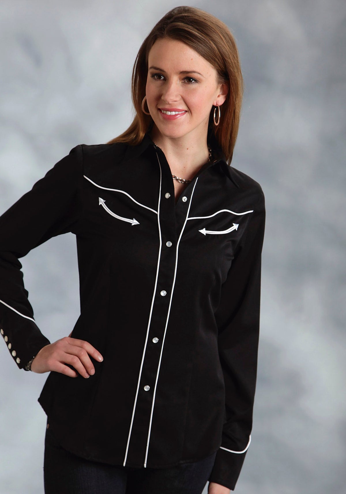 Womens Black With Red White And Blue American Flag Skull Long Sleeve Wester