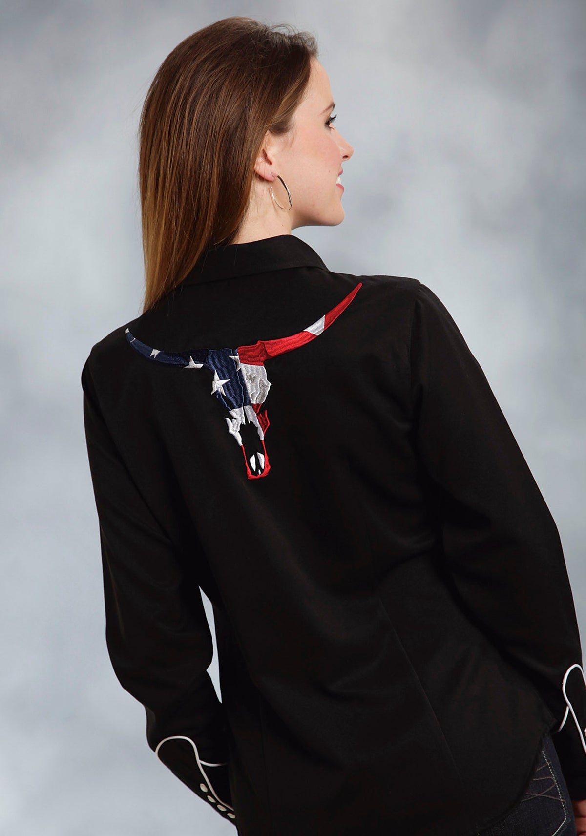 Womens Black With Red White And Blue American Flag Skull Long Sleeve Wester