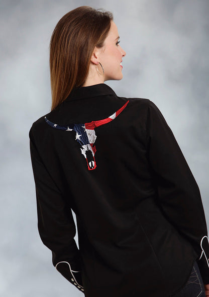 Womens Black With Red White And Blue American Flag Skull Long Sleeve Wester