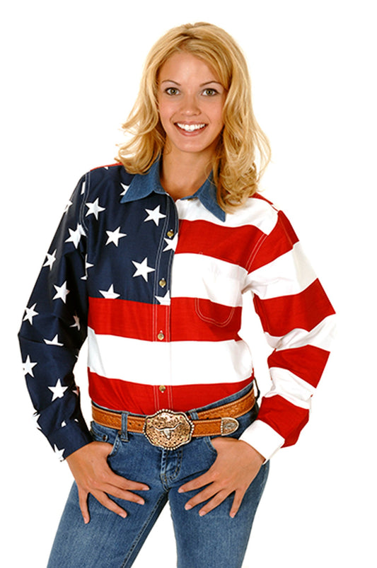 Womens Red White And Blue Stars And Stripes Pieced American Flag Long Sleev