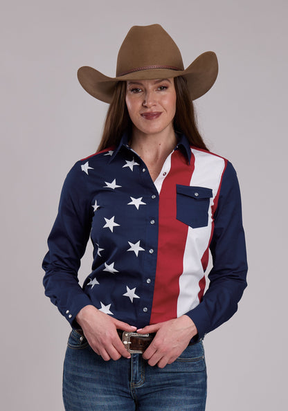 Womens Roper Vertical Stars And Stripe Print Western Snap Shirt