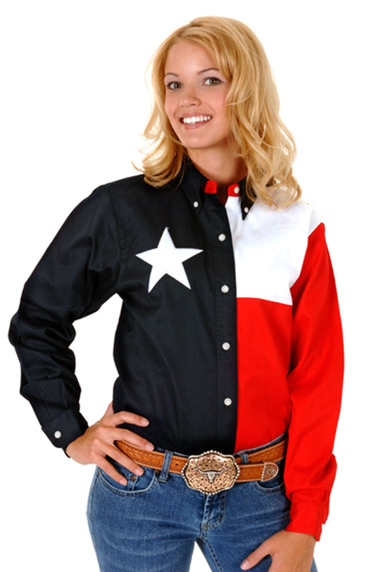 Womens Red White And Blue Pieced Texas Flag Long Sleeve Western Snap Shirt