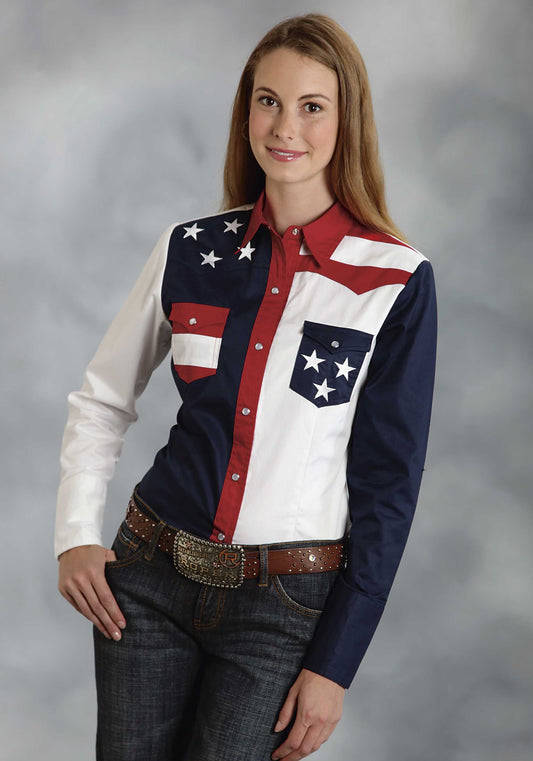 Womens Red White And Blue Colorblocked Pieced Long Sleeve Western Snap Shir