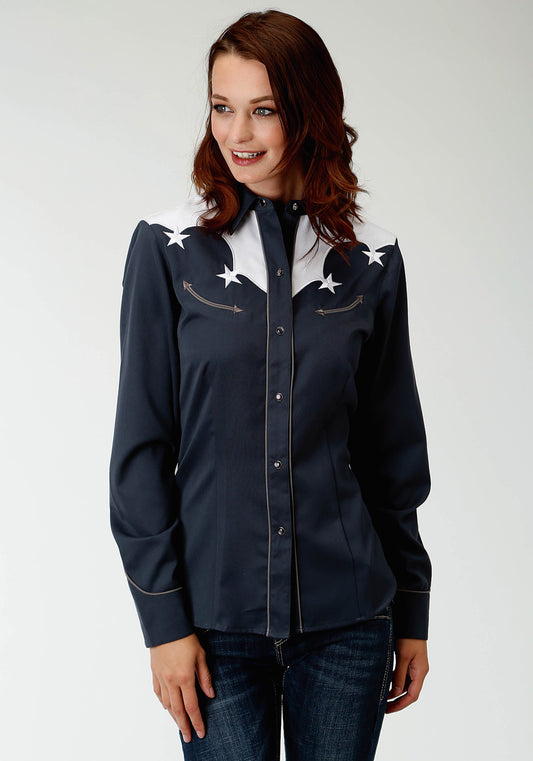 Womens Blue With White Yokes And Stars Long Sleeve Western Snap Shirt
