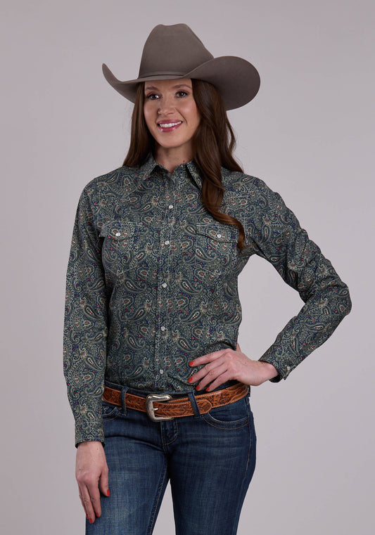 Womens Long Sleeve Snap Forest Paisley Western Shirt
