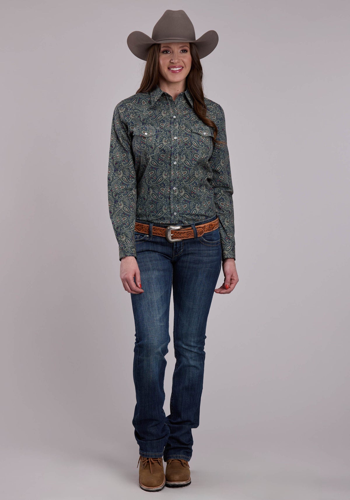 Womens Long Sleeve Snap Forest Paisley Western Shirt