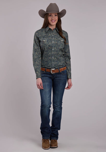 Womens Long Sleeve Snap Forest Paisley Western Shirt