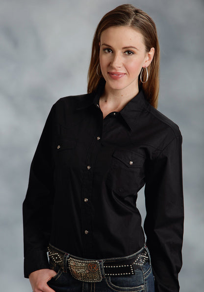 Womens Black Solid Long Sleeve Western Snap Shirt
