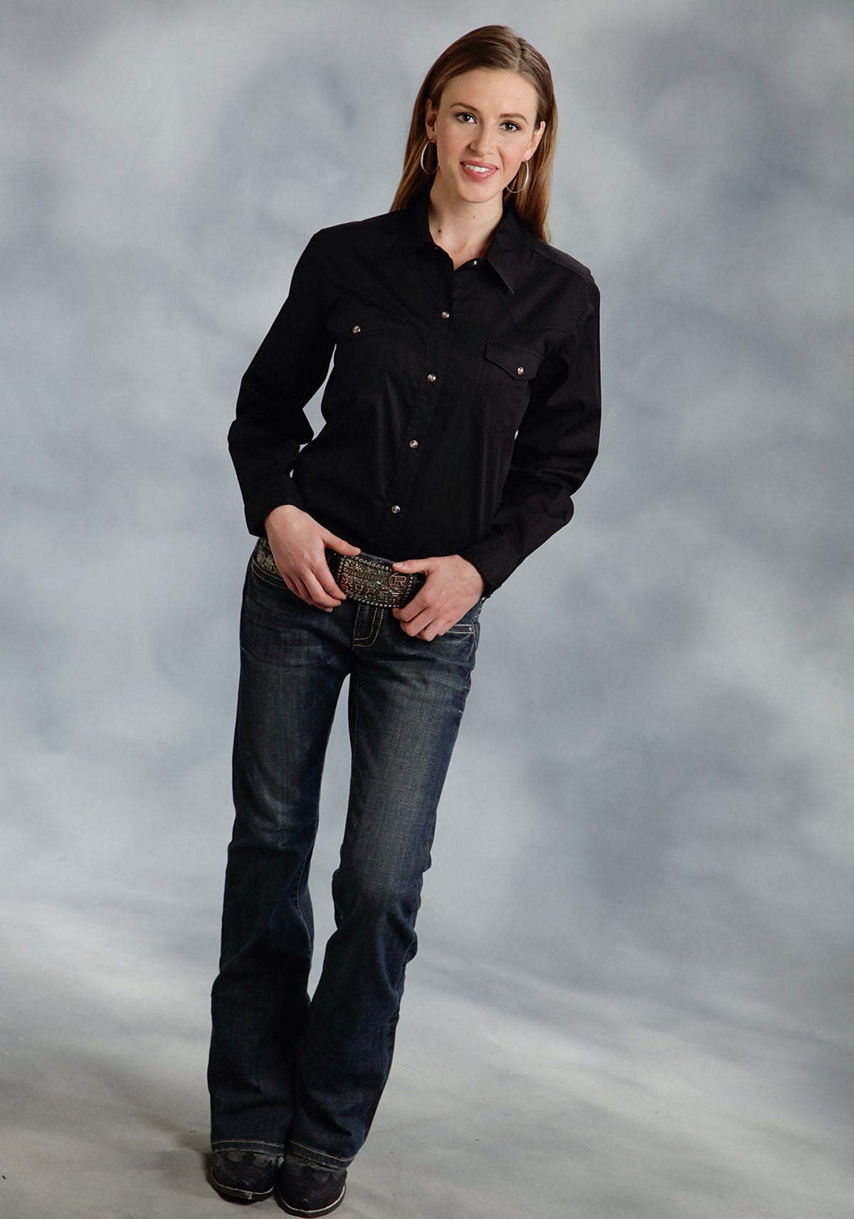 Womens Black Solid Long Sleeve Western Snap Shirt
