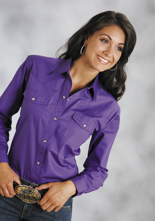 Womens Purple Solid Long Sleeve Western Snap Shirt