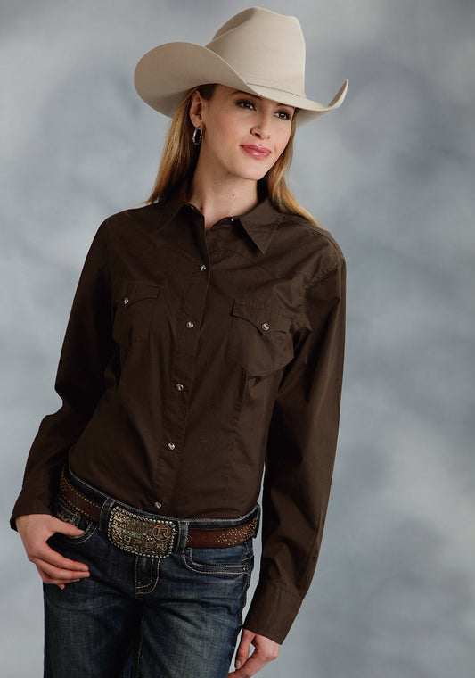 Womens Brown Solid Long Sleeve Western Snap Shirt