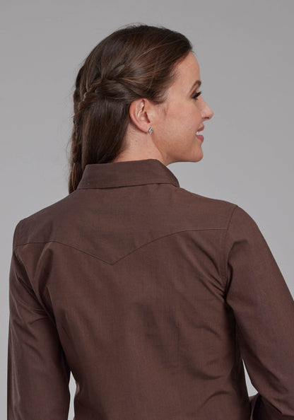 Womens Solid Black Fill Poplin - Brown Long Sleeve Button Western Shirt