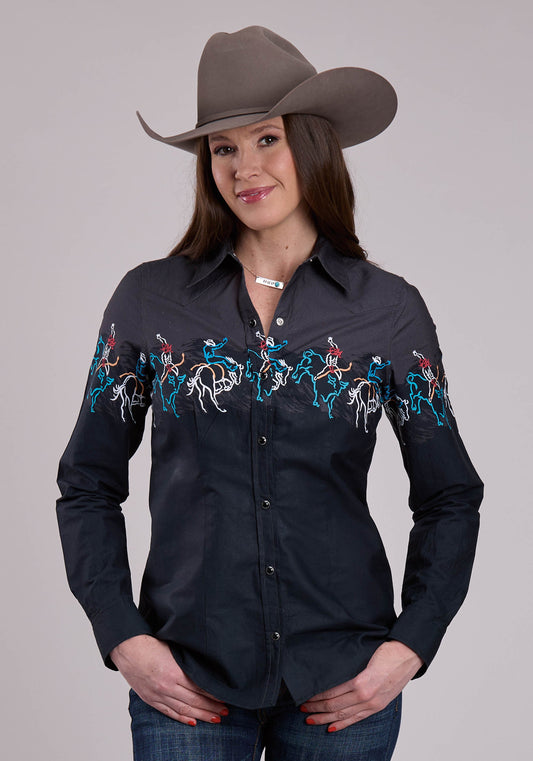 Womens Long Sleeve Snap Painterly Rodeo Border Scenic Print Western Shirt