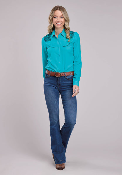 Womens Long Sleeve Snap Turq Rayon Challis Western Shirt