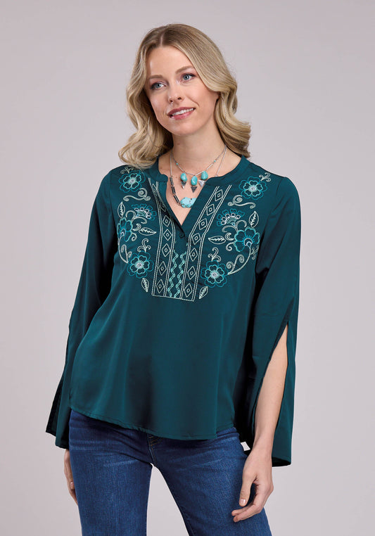 Womens Long Sleeve Button Teal Poly Crepe Tunic W/ Band Cllr Western Shirt